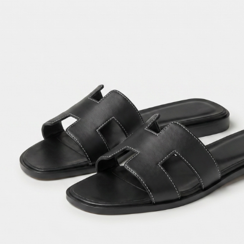 Riviera Flat Slide Women Black Stitch