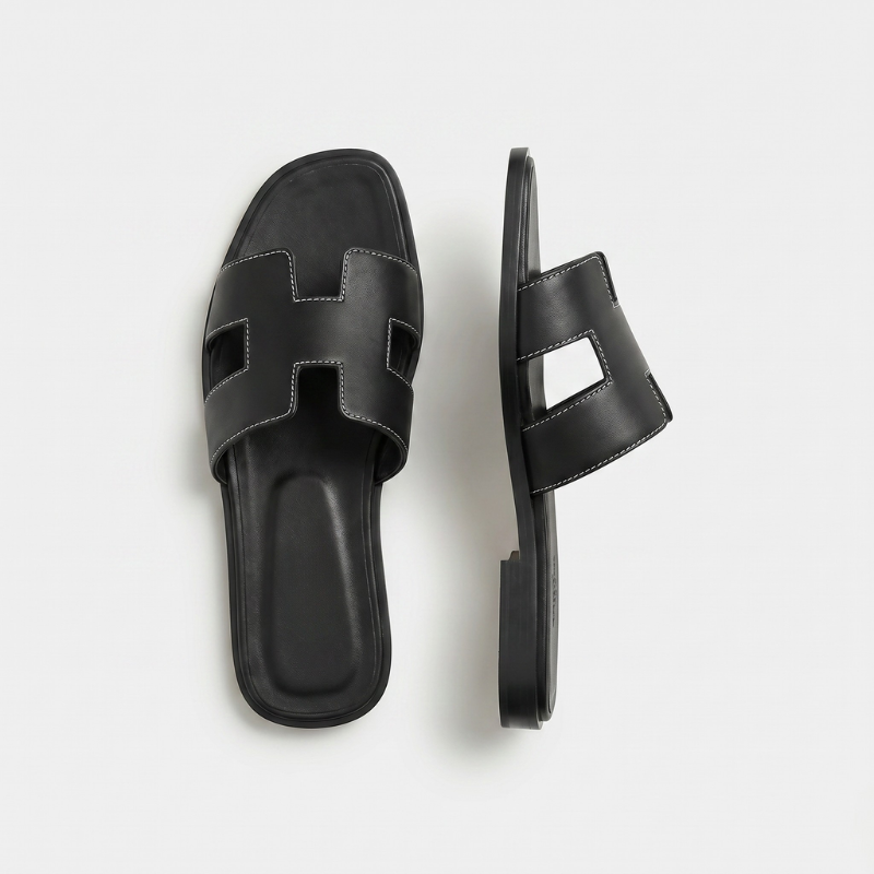 Riviera Flat Slide Women Black Stitch
