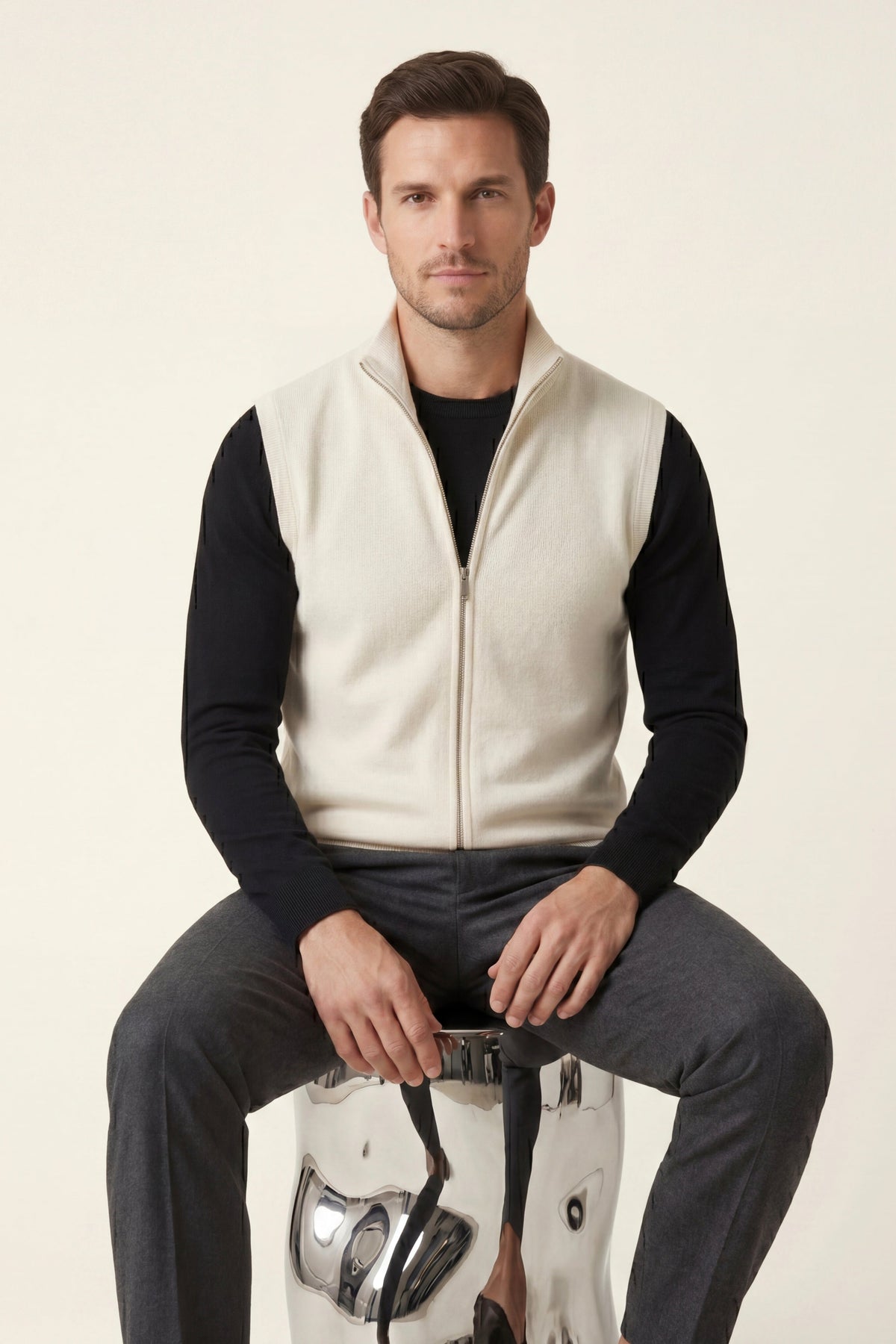 Biella Merino Zip Vest Ivory